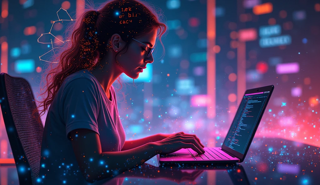 Jeune programmeuse en réalité virtuelle avec du code autour d’elle